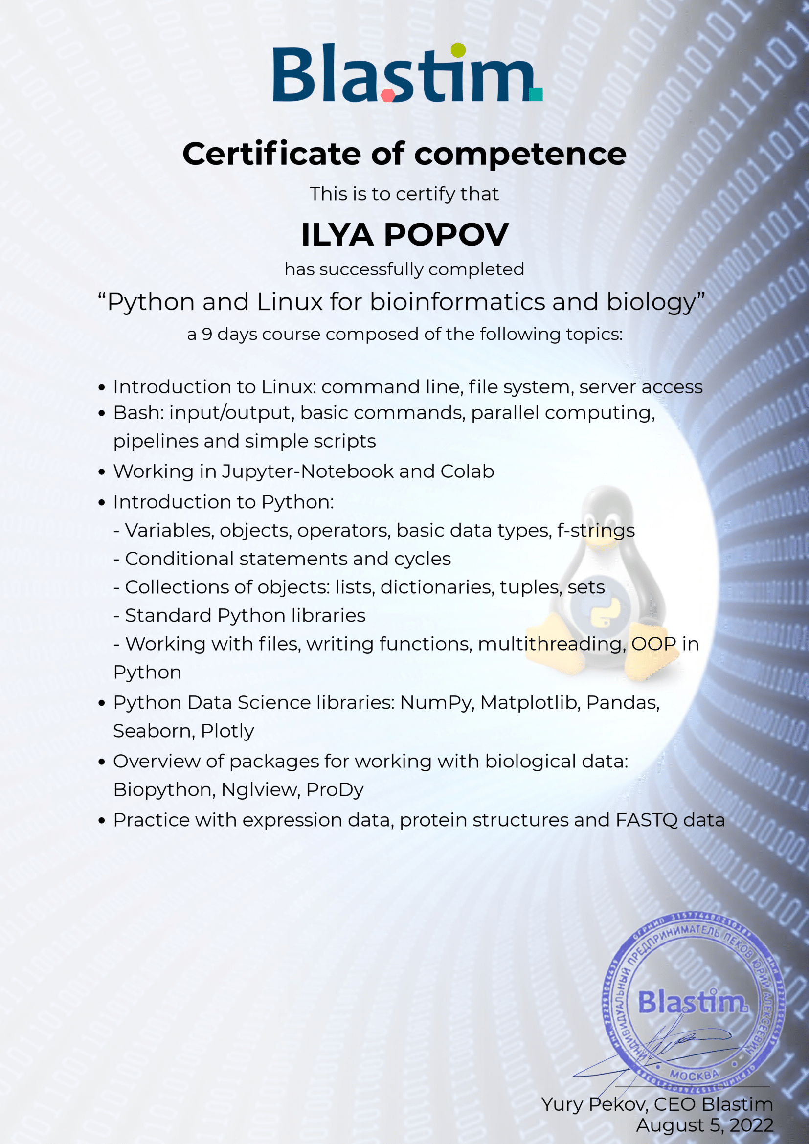 Python and Linux for bioinformatics and biology